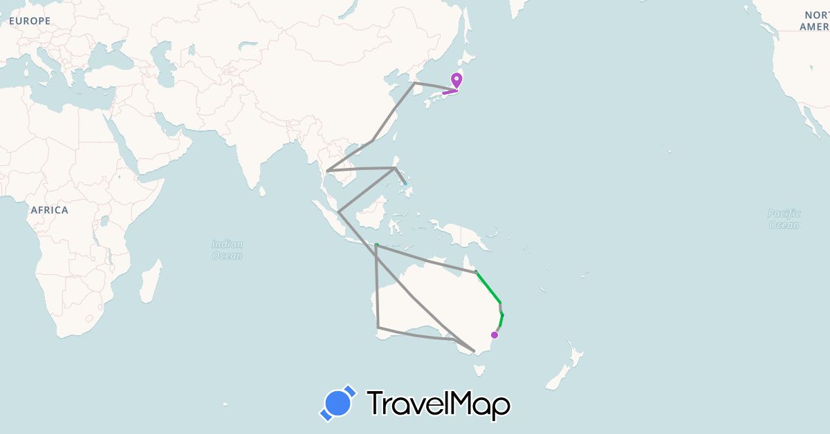 TravelMap itinerary: driving, bus, plane, train, boat in Australia, Hong Kong, Indonesia, Japan, South Korea, Philippines, Singapore, Thailand (Asia, Oceania)